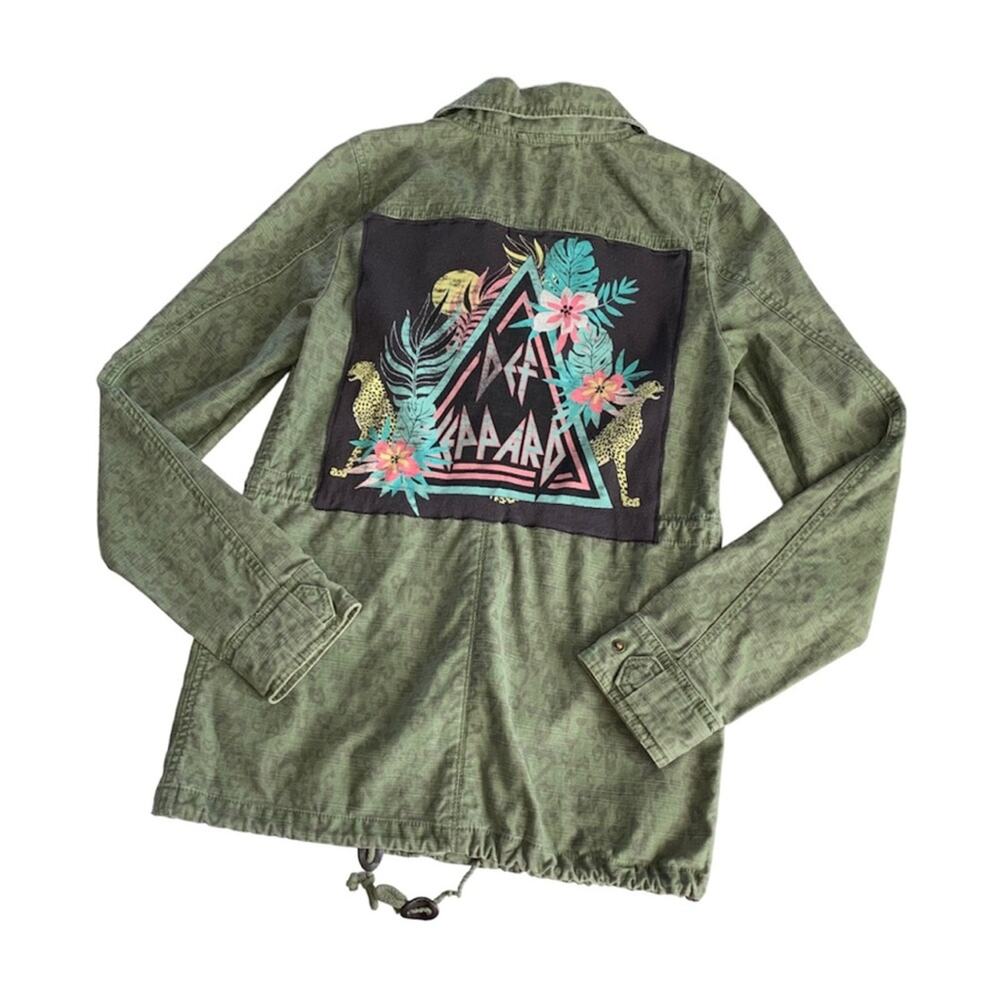 Via Penny Lane Reworked Apparel Def Leppard Custom Graphic Green Utility Jacket